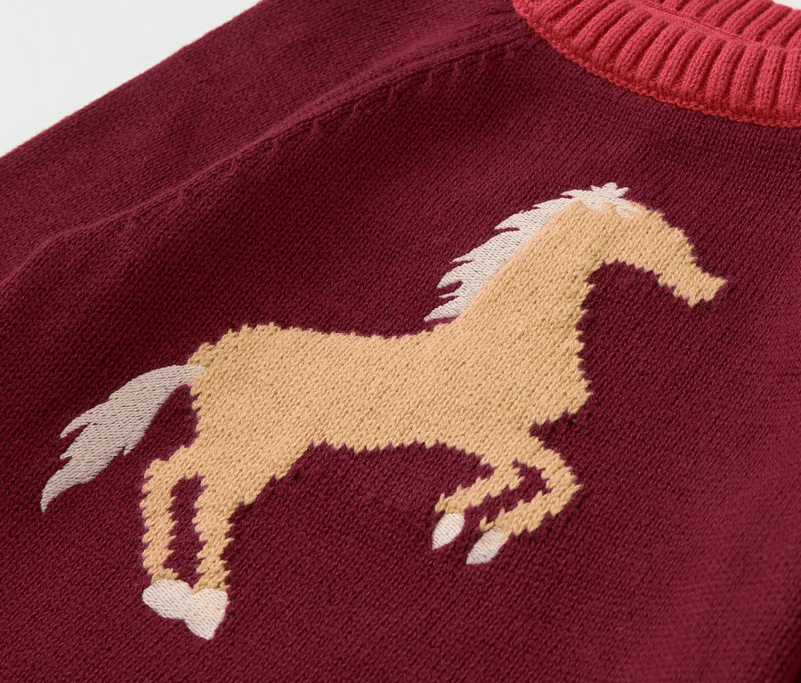 Detailní pohled na bordó dětský pletený svetr s motivem hnědého koně.
