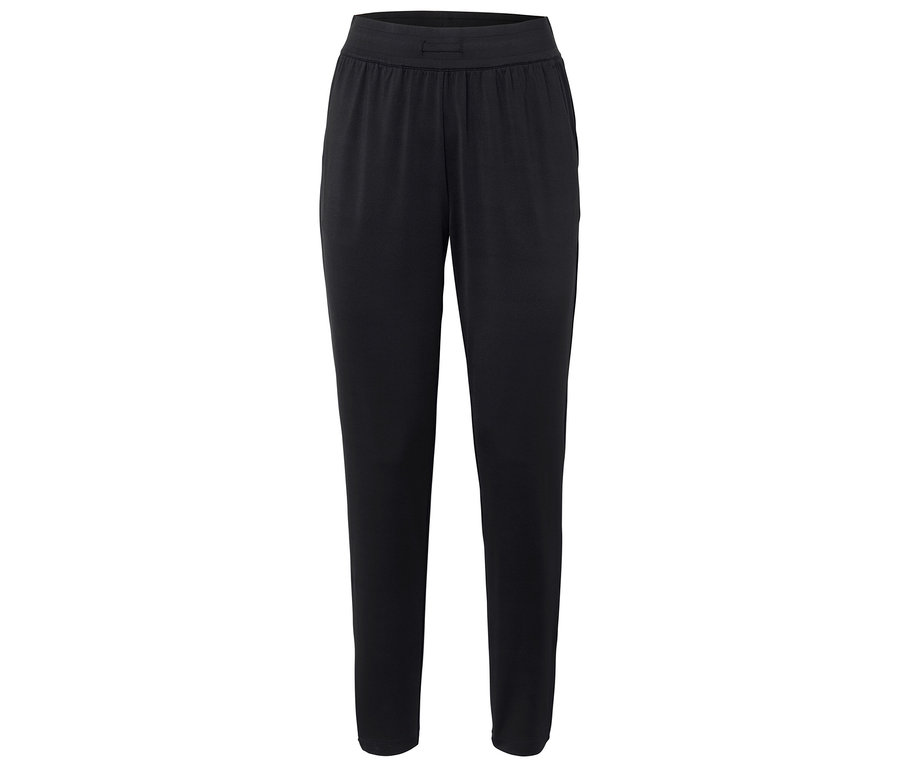 Černé kalhoty se stahovací gumou v pase.