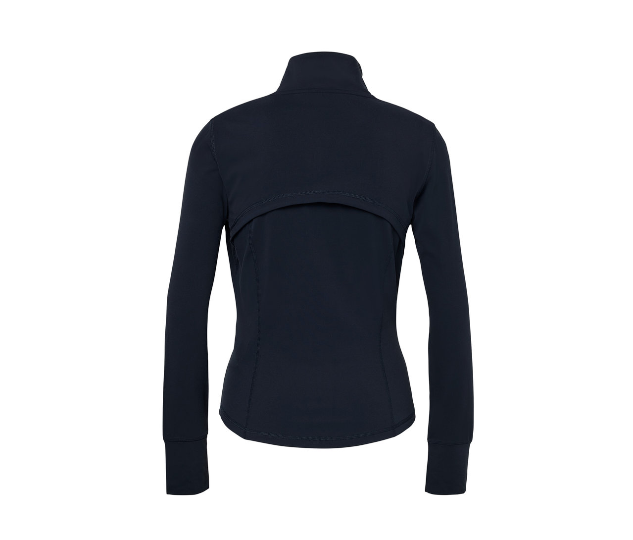 Tmavě modrá funkční bunda zobrazená zezadu.