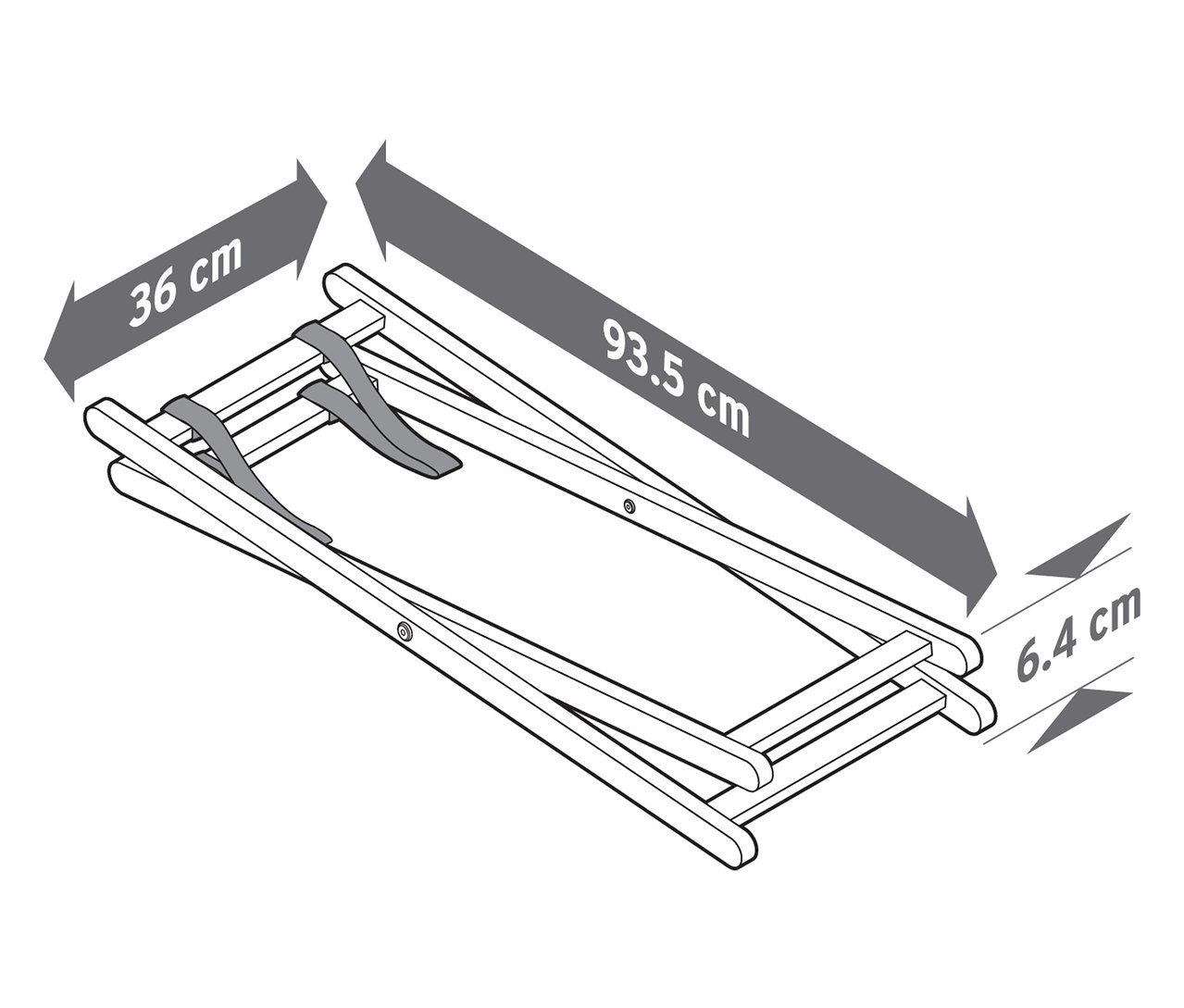 Rozměry složeného dřevěného lehátka jsou 36 cm x 93,5 cm x 6,4 cm.