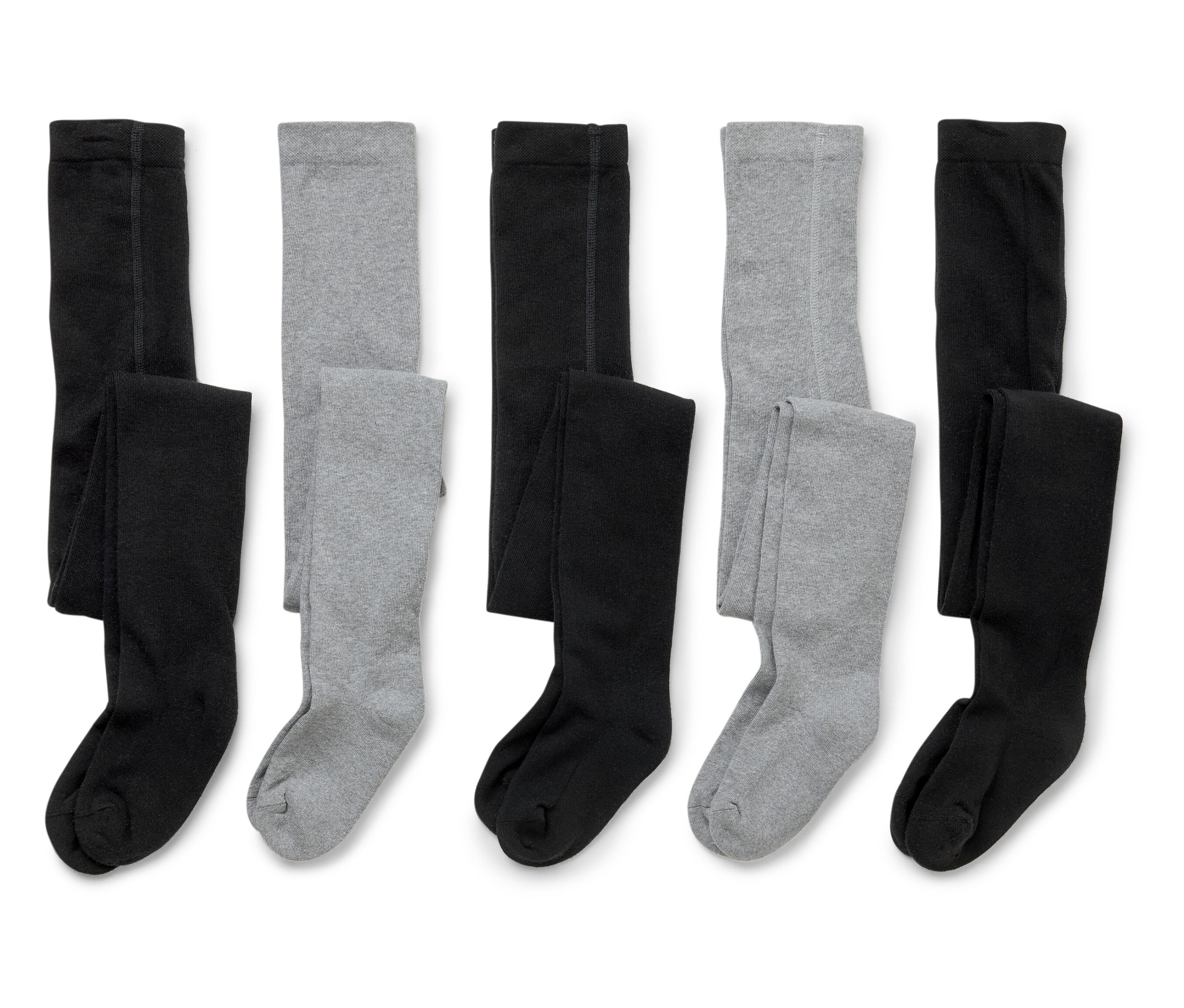 Pět párů dětských punčocháčů leží na bílém pozadí, střídavě v černé a šedé barvě.