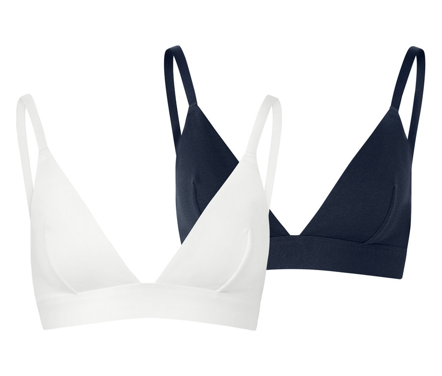 Dvě trojúhelníkové podprsenky, jedna bílá a jedna tmavě modrá, na bílém pozadí.