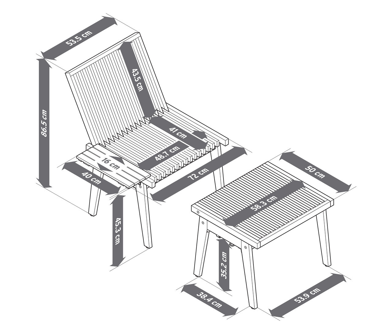 Diagram flexibilní lavičky a stoličky s rozměry.
