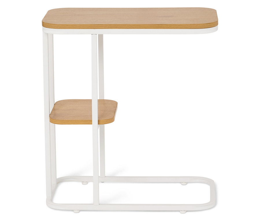 Odkládací stolek se světle hnědou deskou a bílým rámem.