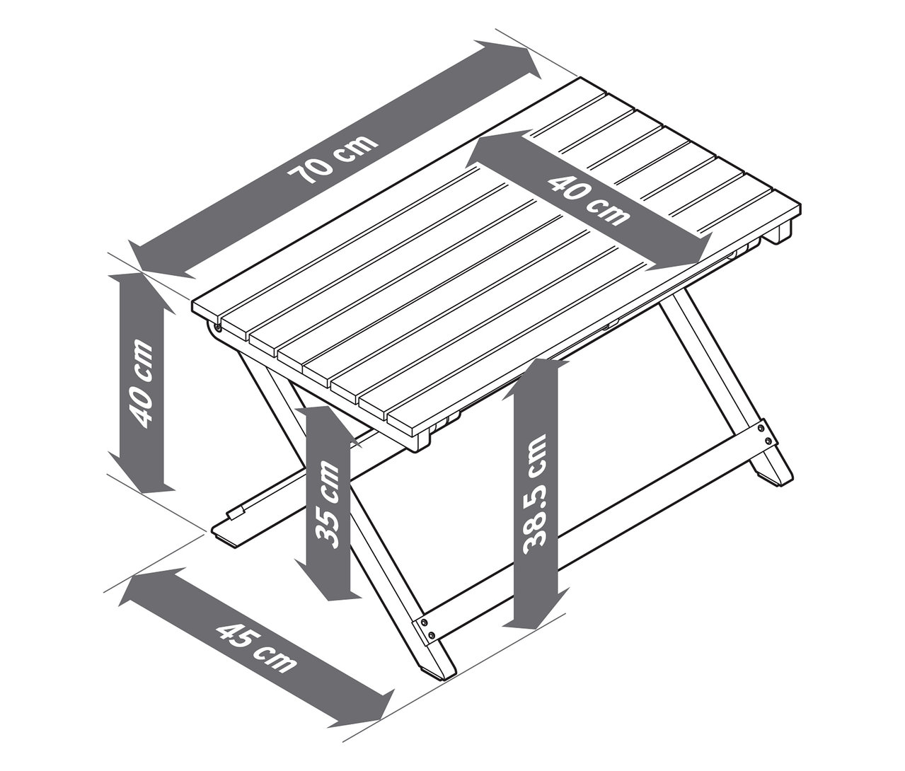 Obrázek skládacího zahradního stolu o rozměrech 70x40x38,5 cm.
