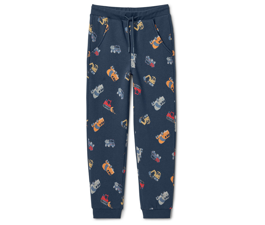 Dlouhé tmavě modré tepláky s celoplošným potiskem stavebních strojů.