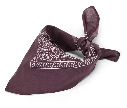 Tmavě fialový šátek bandana s bílým paisley vzorem, složený do trojúhelníku a zavázaný na uzel.
