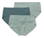 Tři dámské kalhotky s vysokým pasem v odstínech zelené a modré leží na sobě.
