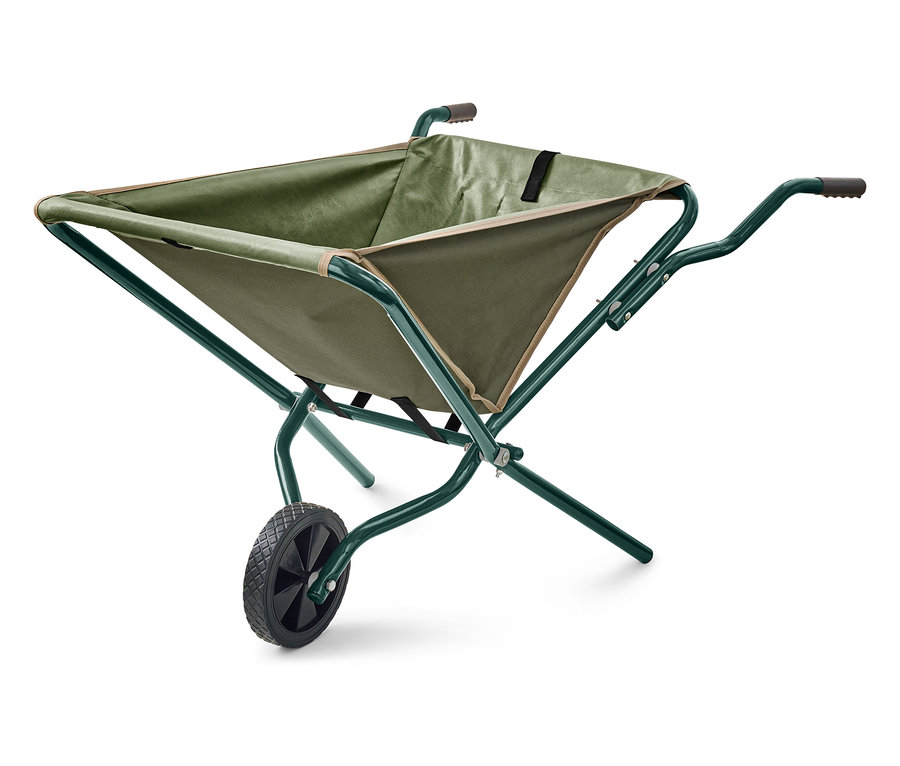 Skládací kolečko v zelené a olivově zelené barvě stojí na bílém pozadí.