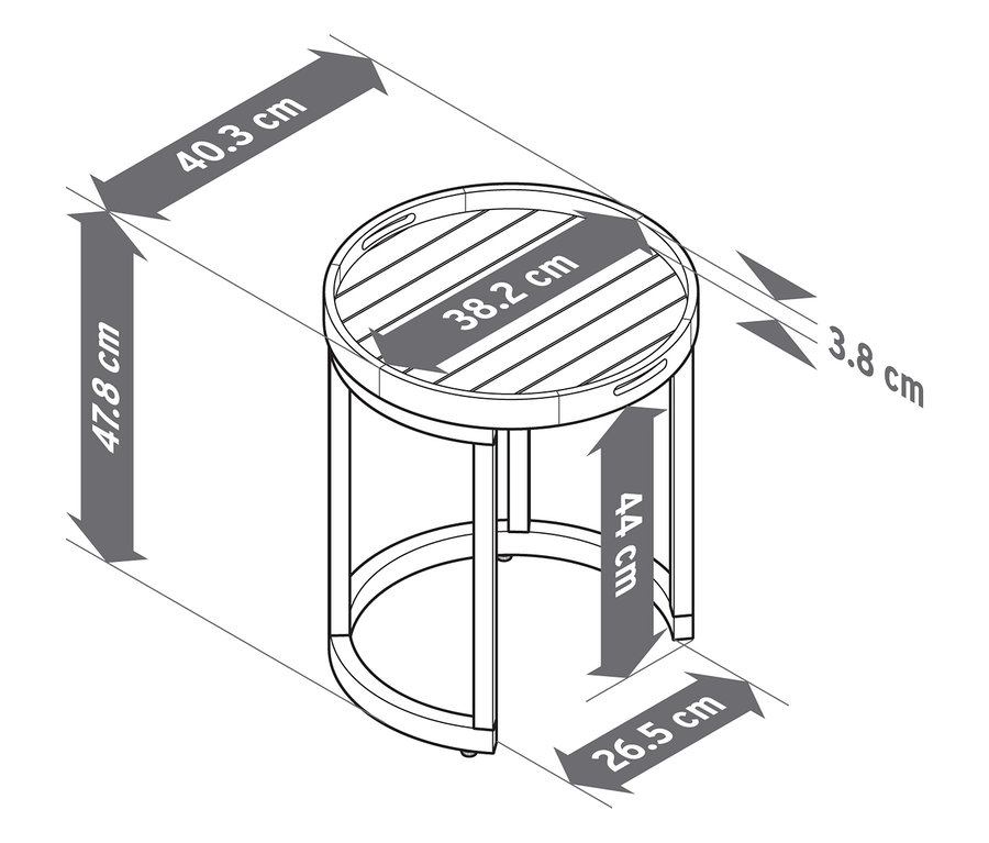 Čárový nákres zahradního stolku s odnímatelným podnosem, Ø cca 40 cm a 50 cm, s rozměry.