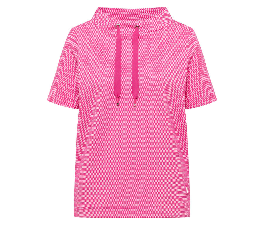 Detail růžové mikiny CECIL s krátkými rukávy a kapucí se stahovací šňůrkou.