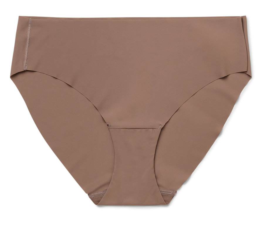 Jednotlivé dámské kalhotky v čokoládově hnědé barvě, ležící na bílém pozadí.