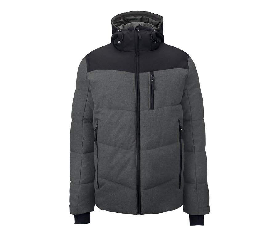 Šedá prošívaná termobunda s černou kapucí a zipem.