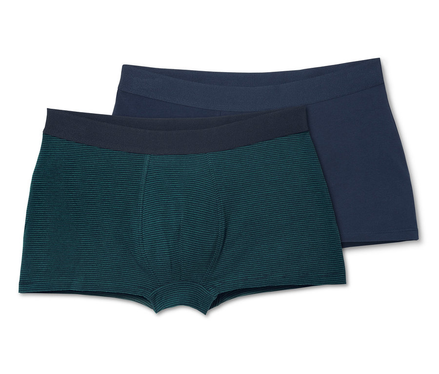 Dvoje pánské boxerky: jedny tmave zelené s proužky a jedny tmavě modré.