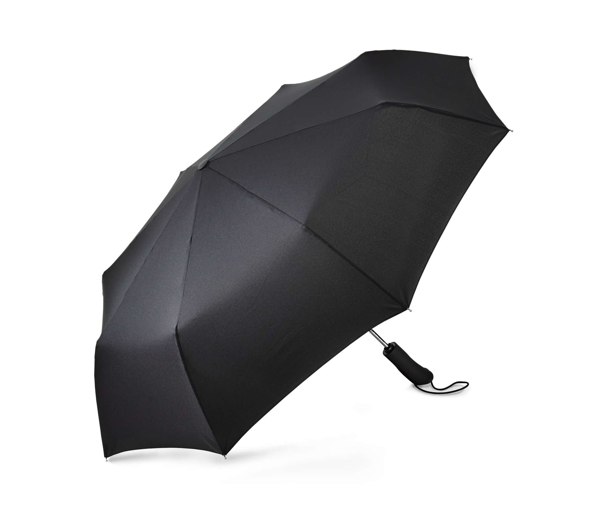 Černý automatický skládací deštník je otevřený na bílém pozadí.