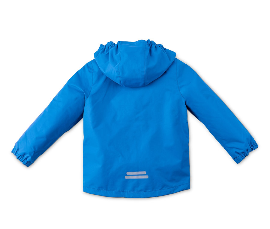 Modrá bunda do deště s kapucí.