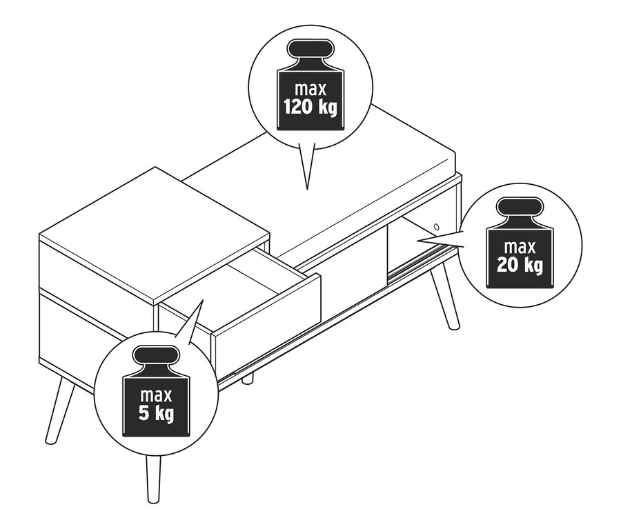 Náčrt lavice na sezení s úložným prostorem na boty, zásuvkou s maximální nosností 5 kg, policí s nosností 20 kg a horní deskou s nosností 120 kg.