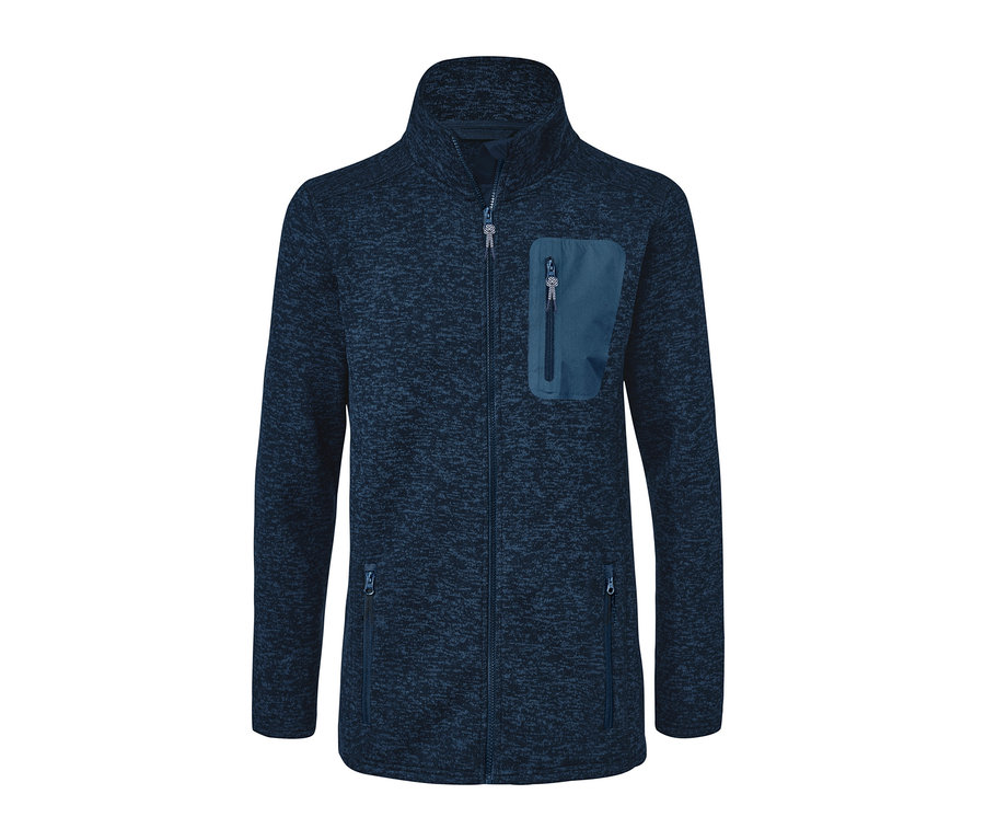 Tmavě modrý kabát z pleteného fleecu se zipem a kapsami.