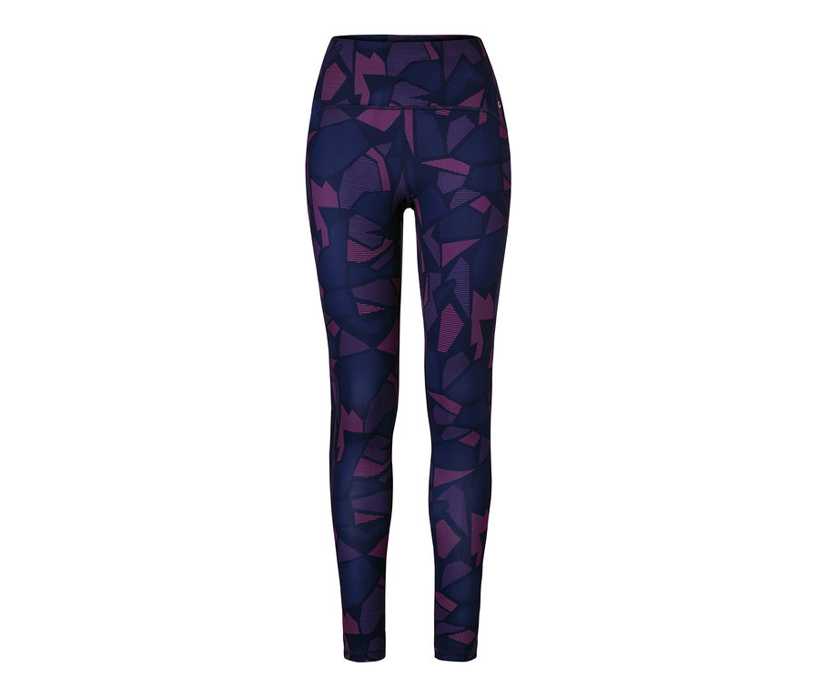 Sportovní legíny s geometrickým vzorem v modré a fialové barvě.