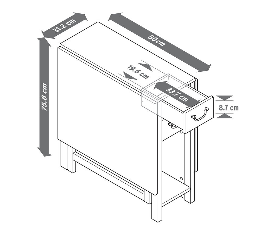 Nákres rozkládacího kuchyňského stolu s rozměry.
