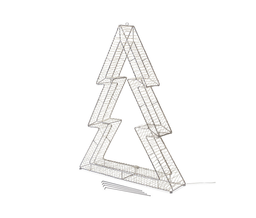 Stříbrná 3D jedle s LED diodami, střední velikosti, na bílém pozadí.