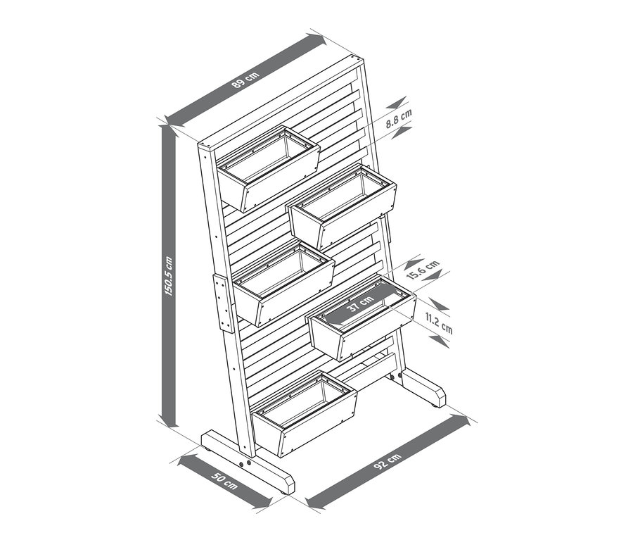 Ilustrace vertikálního záhonu Tinus s flexibilně zavěsitelnými truhlíky a rozměry.