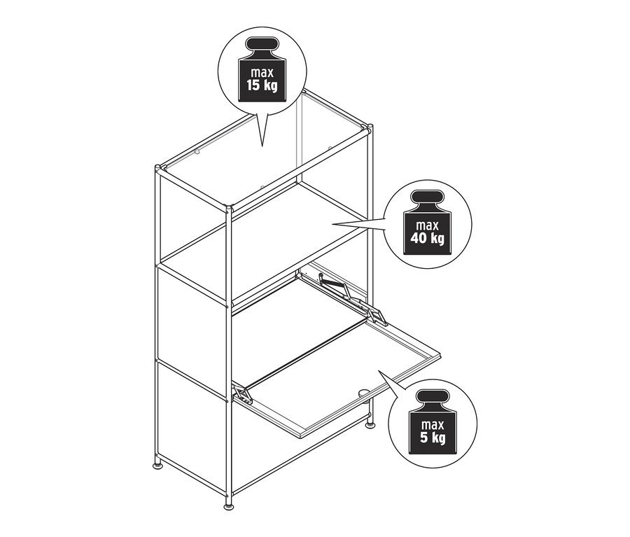 Nákres kovové komody CN3 se dvěma výklopnými dvířky. Maximální nosnost horní police je 15 kg, prostřední police 40 kg a výklopných dvířek 5 kg.