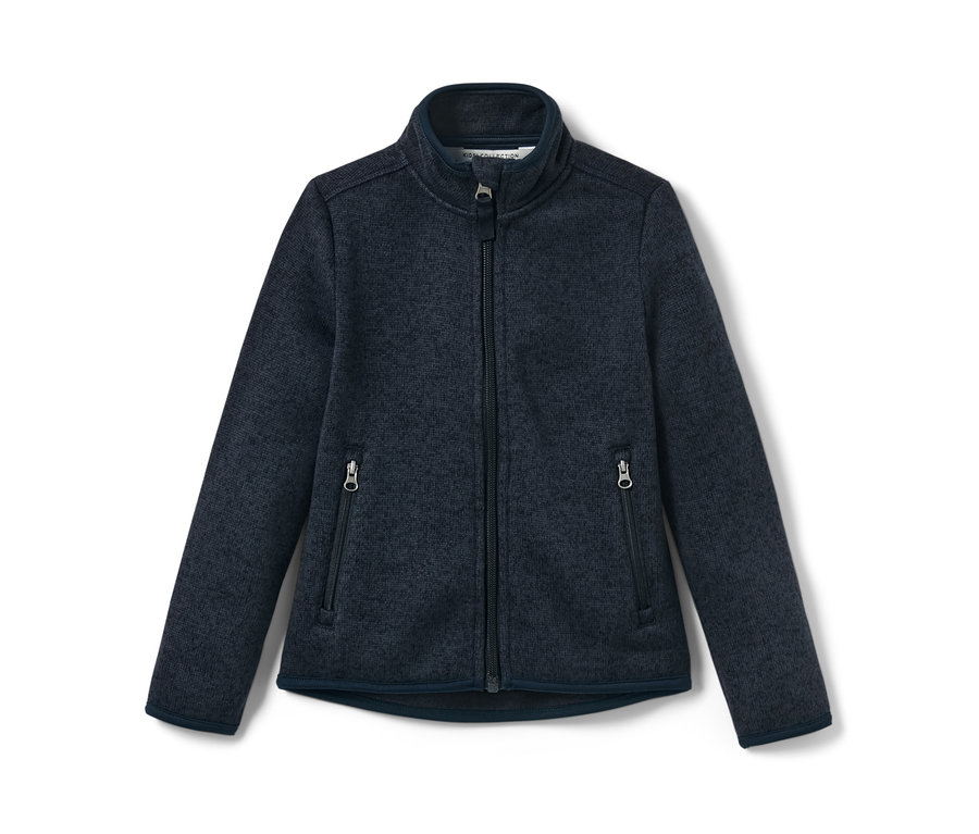 Tmavě modrá dětská mikina z pleteného fleecu se zipem uprostřed.