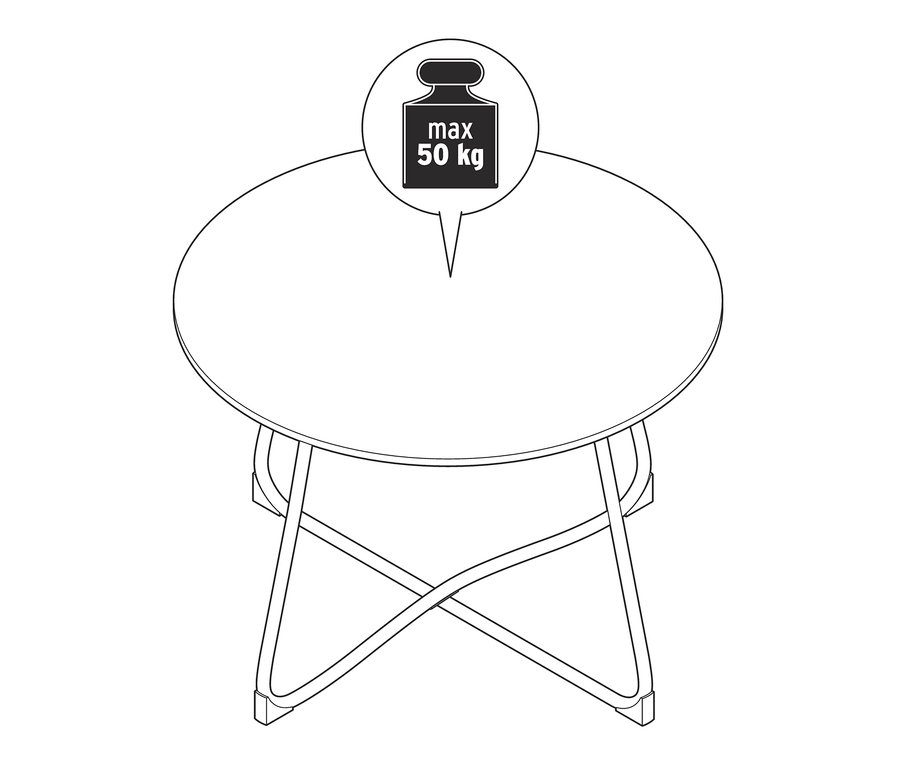 Černobílá ilustrace kulatého zahradního stolu »Jara« s materiálem Duraboard a maximální nosností 50 kg.
