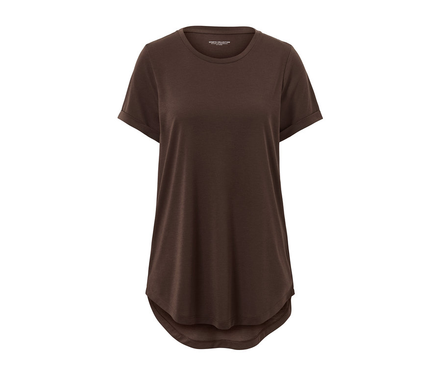 Hnědé dlouhé triko na bílém pozadí.