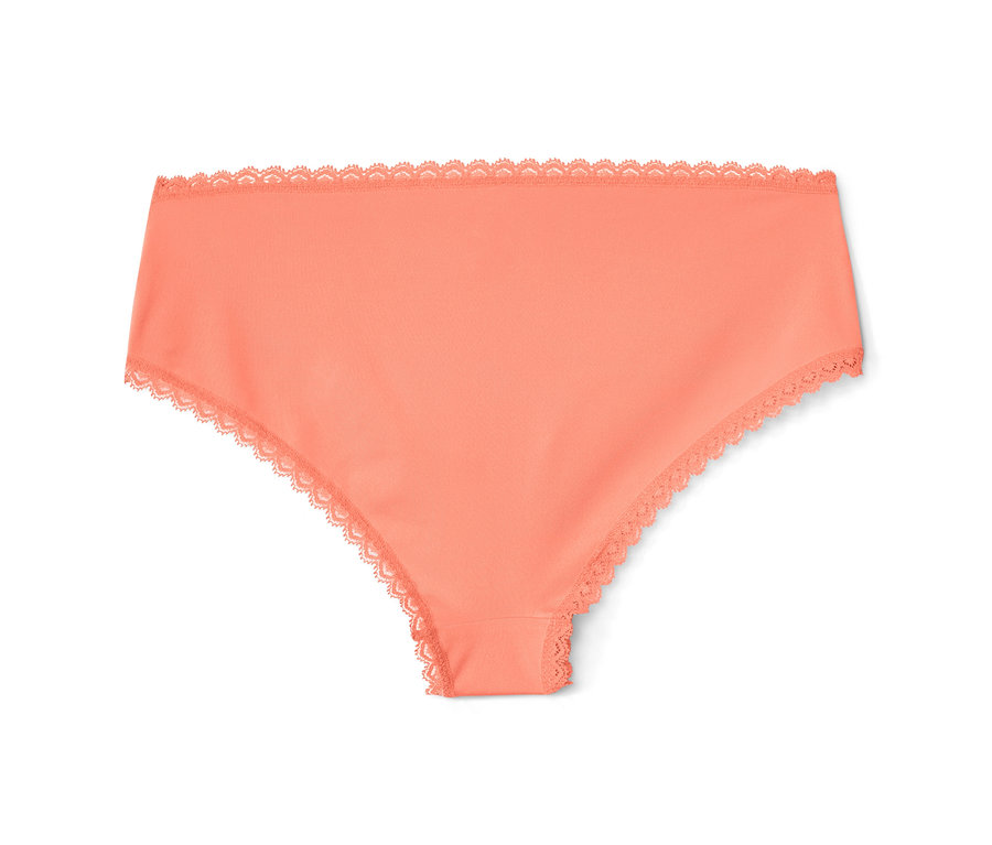 Detail isolated shot of one pair of papaya-colored hipster briefs with lace trim.