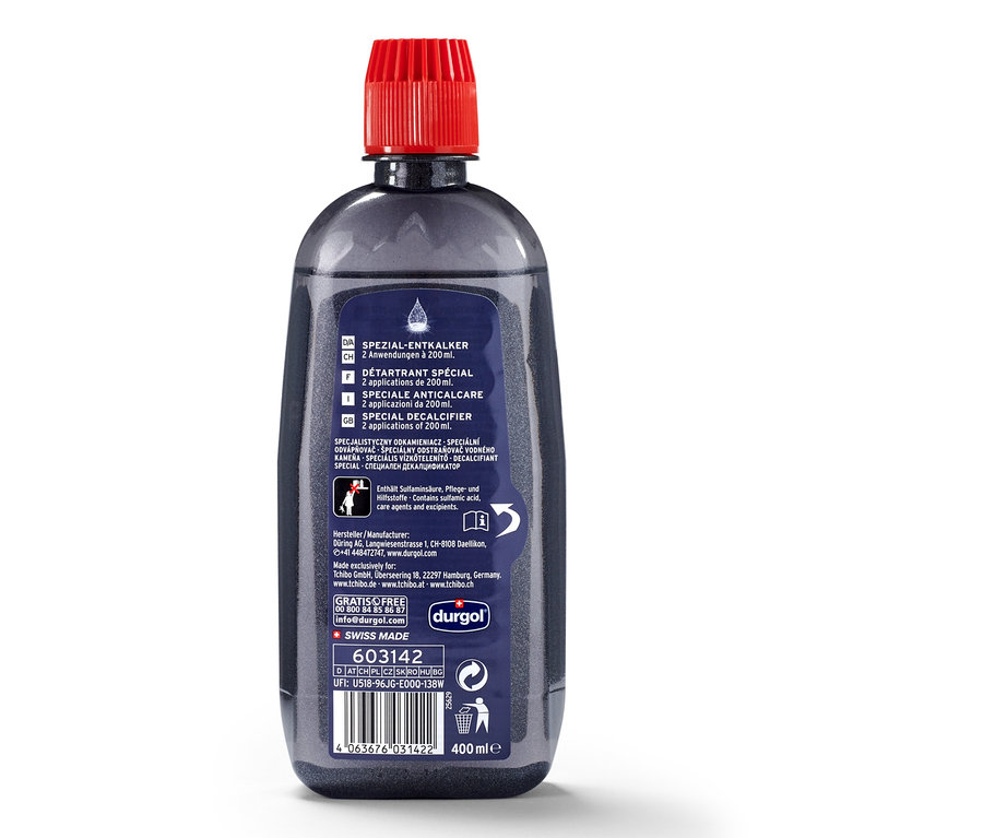 Láhev odvápňovače durgol® speciální odvápňovač, 400 ml, s červeným uzávěrem.