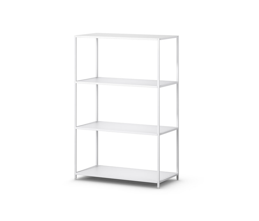 Bílá kovová konzole se čtyřmi policemi.