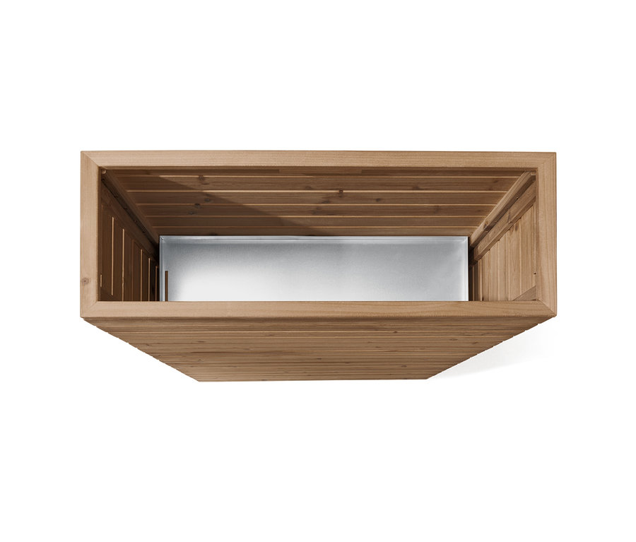 Pohled shora na prvek pro rozdělení prostoru s truhlíkem »Tinus« s kovovou vložkou.