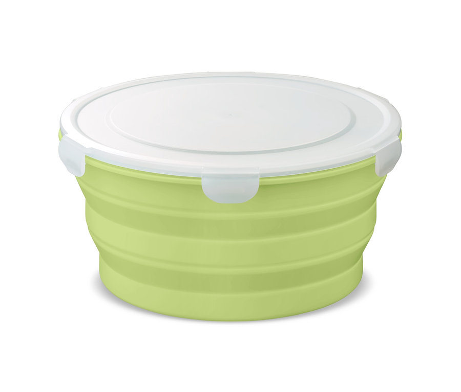 Zelená skládací salátová mísa s bílým víkem.