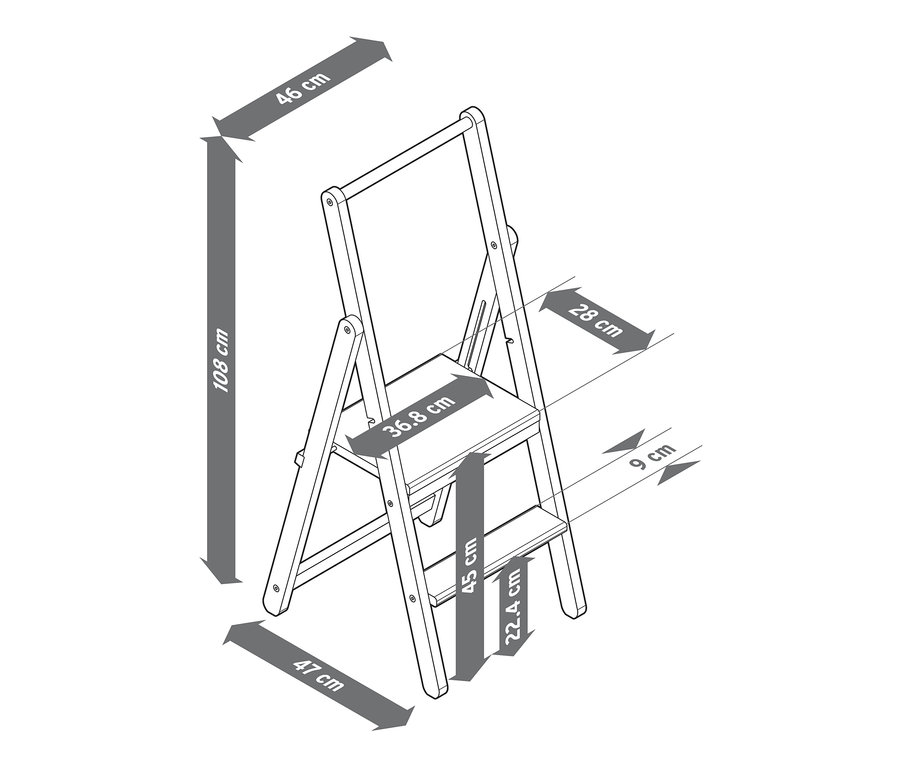 Náčrt schůdků z masivního dřeva s vyznačenými rozměry.