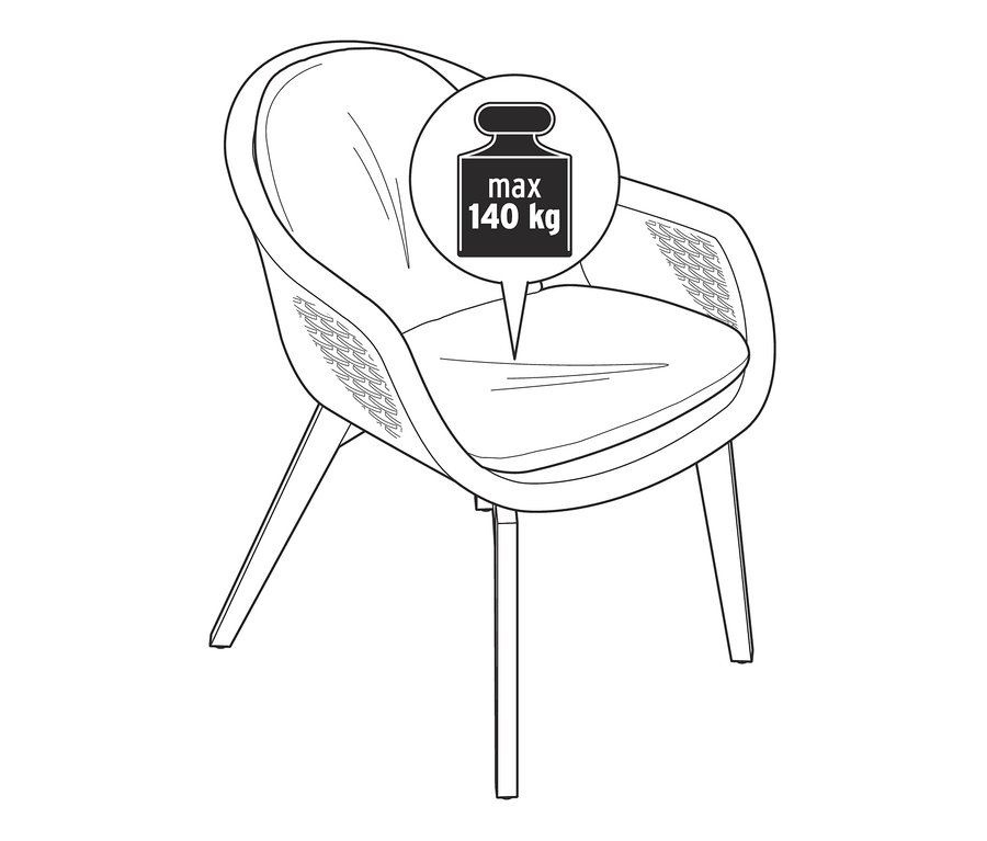 Ilustrace prémiové skořepinové židle s polyratanovým výpletem a maximální nosností 140 kg.