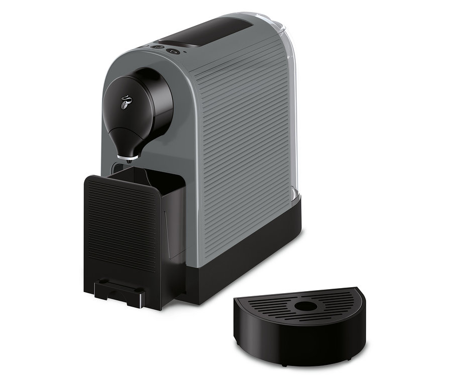 Šedý kávovar Cafissimo pure+ s odnímatelným odkapávačem.