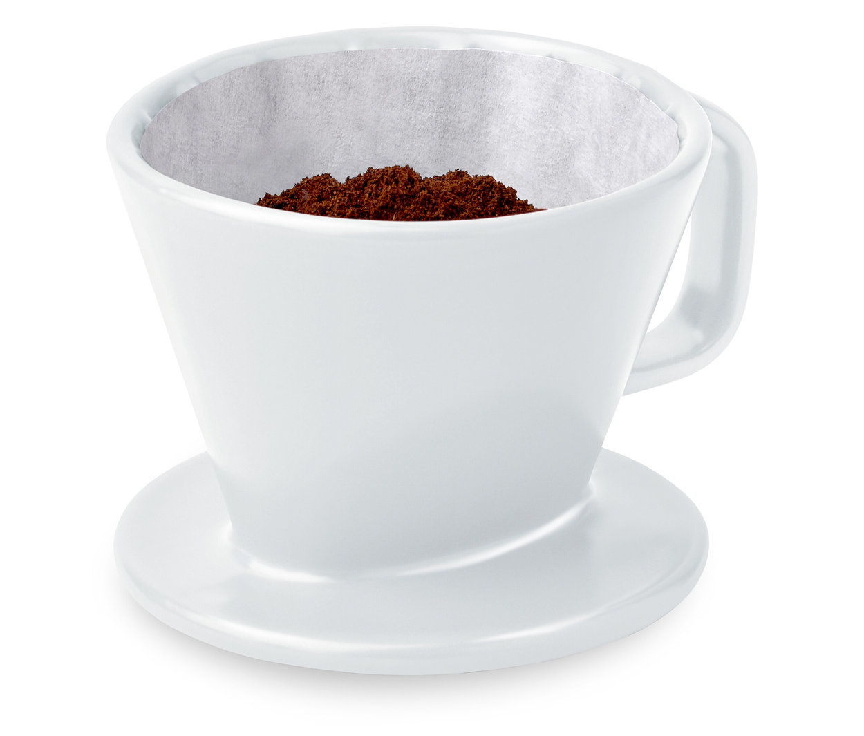 Bílý ruční kávový filtr velikosti 101 s papírovým filtrem a mletou kávou uvnitř.