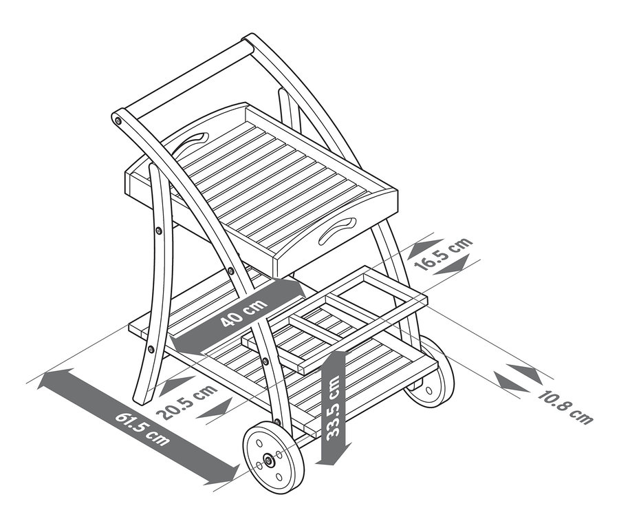 Ilustrace barového vozíku s odnímatelným podnosem a rozměry.