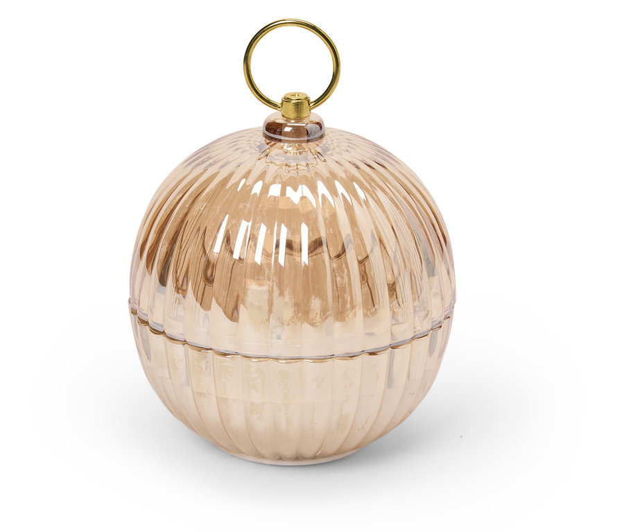 Dekorativní skleněná dóza ve tvaru koule s rýhovaným povrchem a zlatým úchytem.