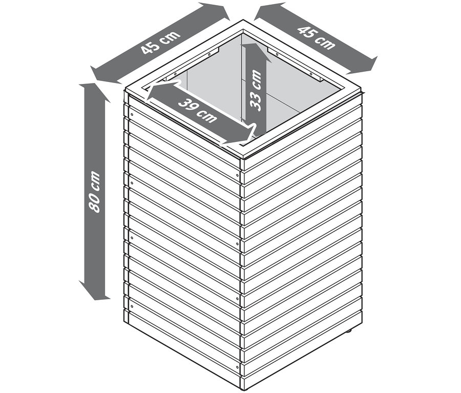 Rozměry sady vysokých truhlíků »Tinus«: 80 cm výška, 45 cm šířka a 39 cm hloubka.