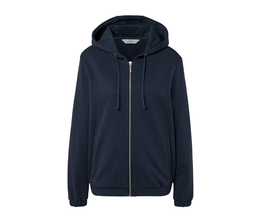 Tmavě modrá mikina se zipem a kapucí.