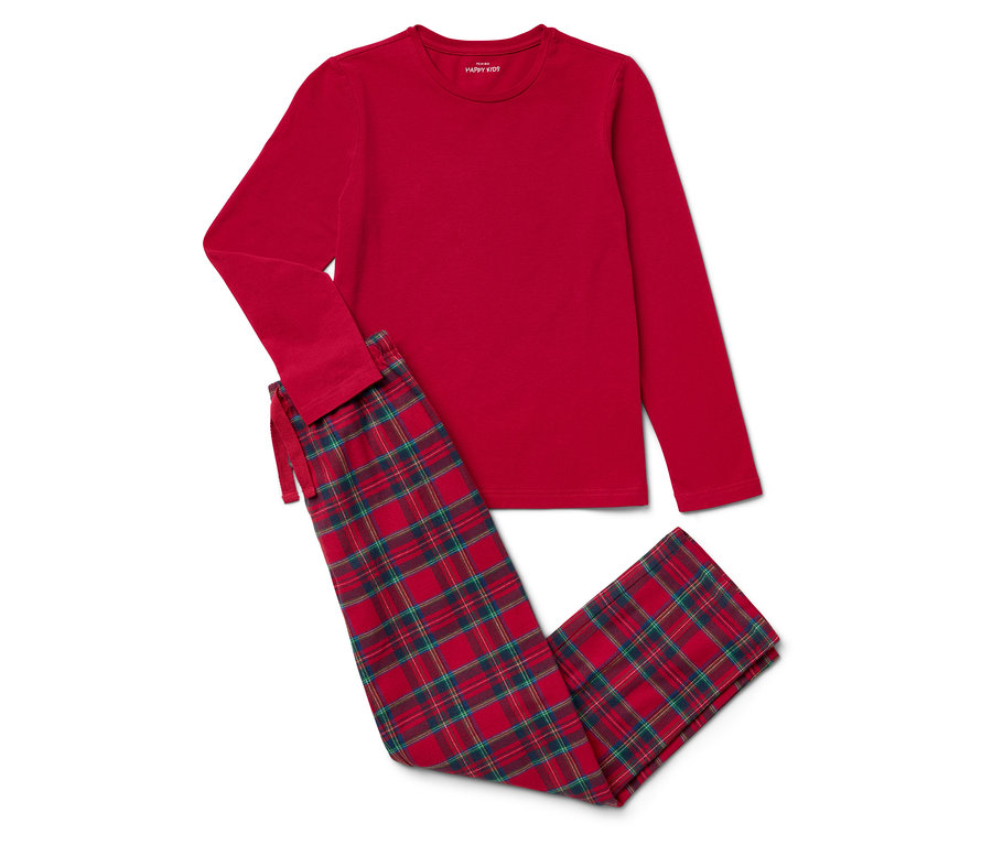 Červené pyžamo s dlouhým rukávem a kostkované kalhoty leží na bílém pozadí.