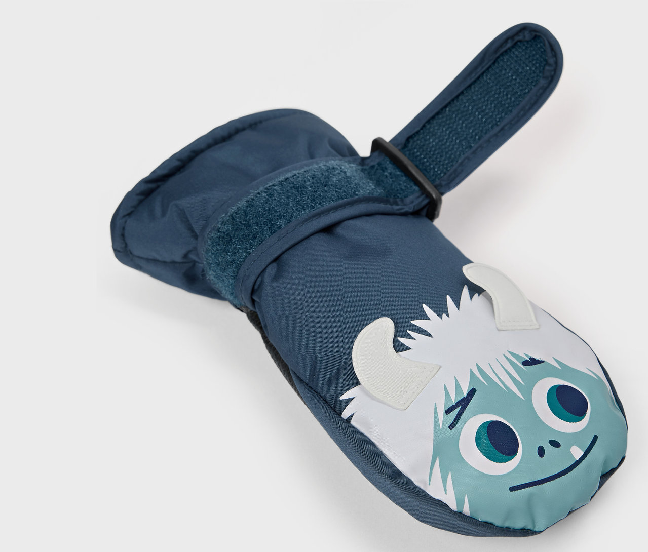 Modrá dětská palčáková rukavice s motivem sněžného muže.