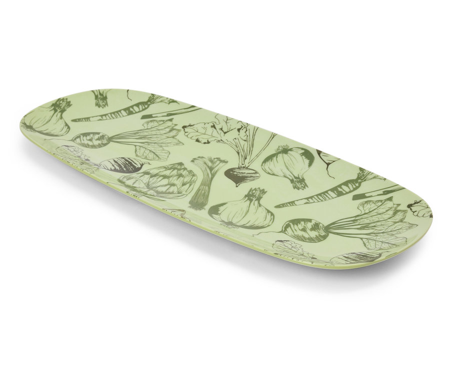 Zelený podnos s kresbami zeleniny.