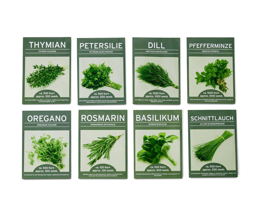 Osm balení klasických bylinek Klasické bylinky, 8 druhů, v zelených obalech.