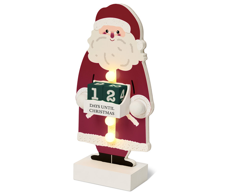Dřevěná dekorace Santa Clause s bloky odpočítávajícími dny do Vánoc.