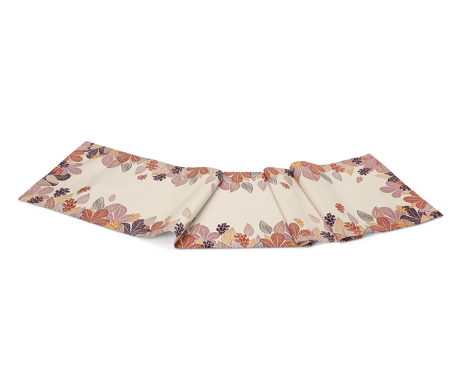 Béžový běhoun na stůl s okraji zdobenými fialovými a oranžovými listy.