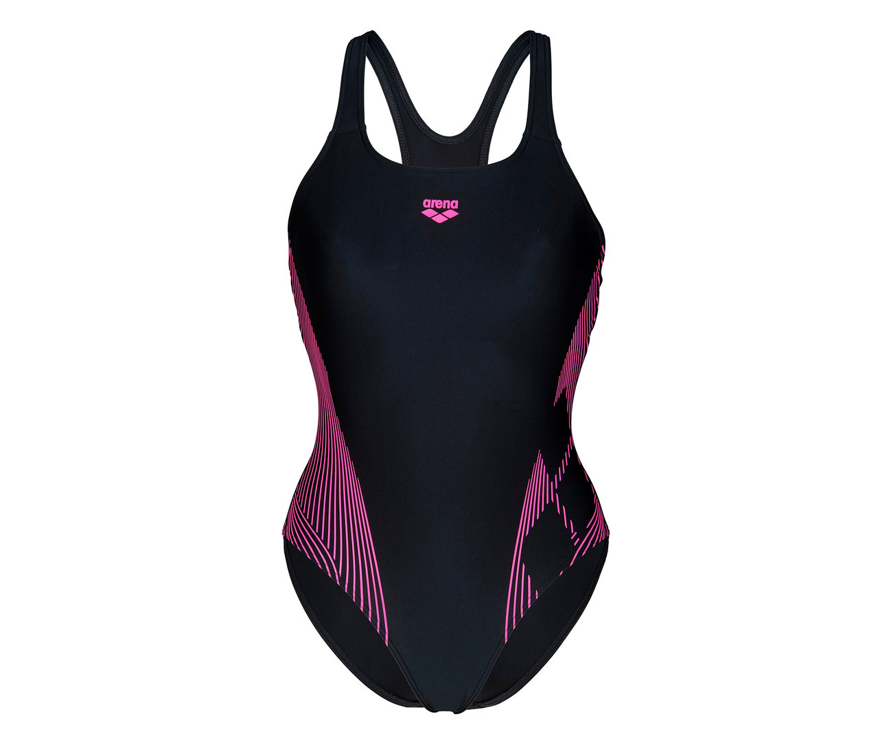 Černé dámské plavky s podprsenkou arena Feel Lily Swim Pro Back s růžovými detaily.